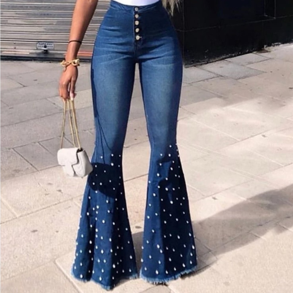 High-Waisted Flare Jeans with Pearl Detailing